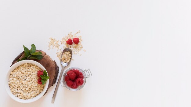 Top view cereal and raspberries