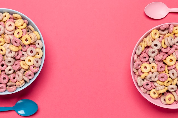 Top view cereals in bowls with copy space background