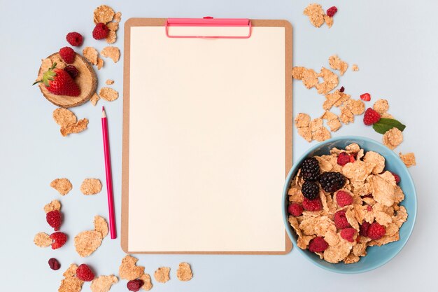 Top view cereals and notepad