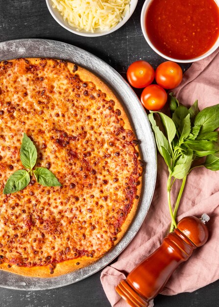 Top view cheese pizza with ingredients