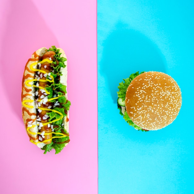 Top view cheeseburger and hot dog
