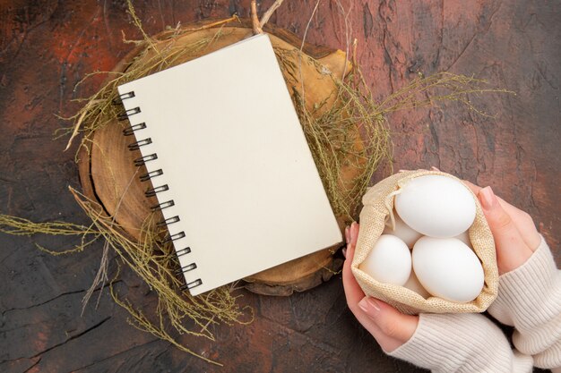 Vista dall'alto uova di gallina all'interno di una piccola borsa con mano femminile female