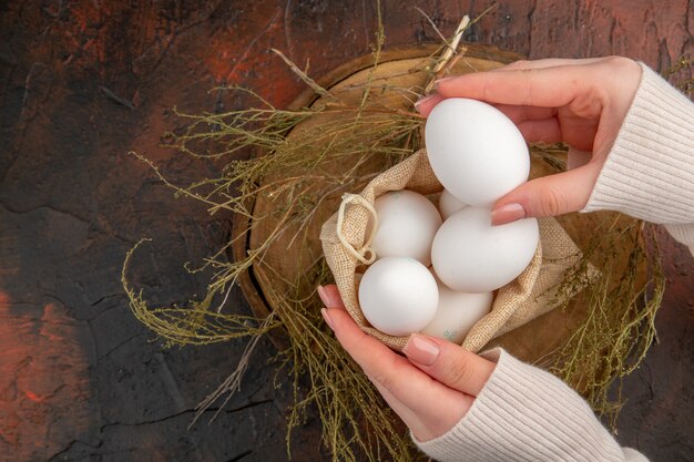 Top view chicken eggs inside little bag