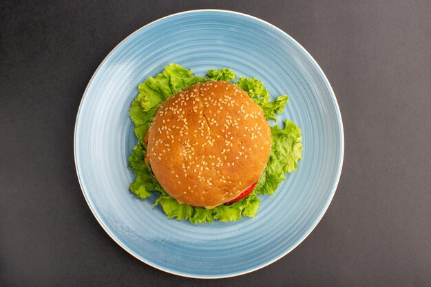 Top view of chicken sandwich with green salad and vegetables inside plate on dark surface