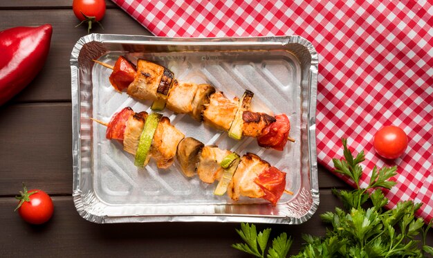 Top view chicken skewers on tray