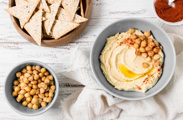 Top view of chickpeas and hummus