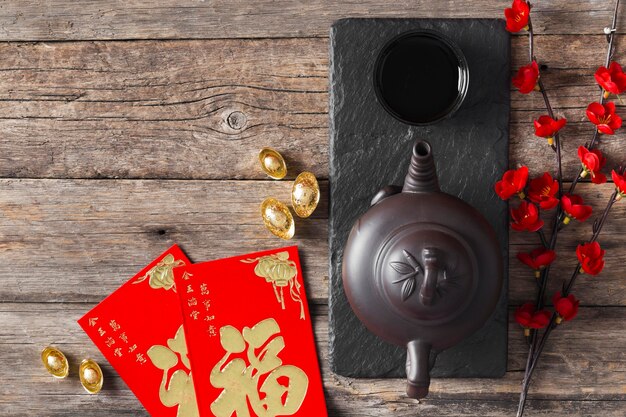 top view of chinese new year concept on wooden table
