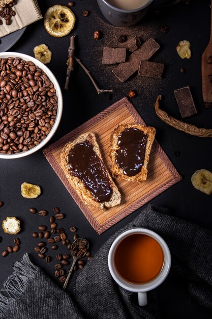 Top view of chocolate on bread