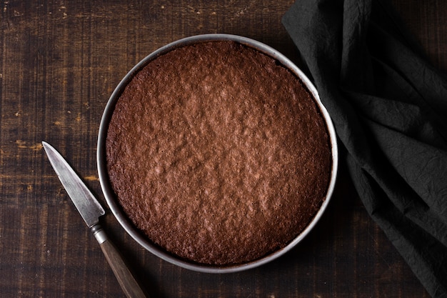 Top view chocolate cake ready to be served