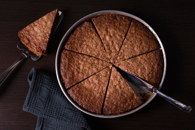 Top view chocolate cake ready to be served