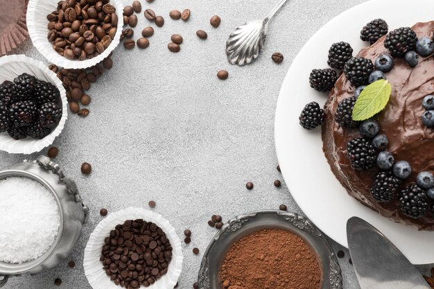 Top view of chocolate cake with blueberries