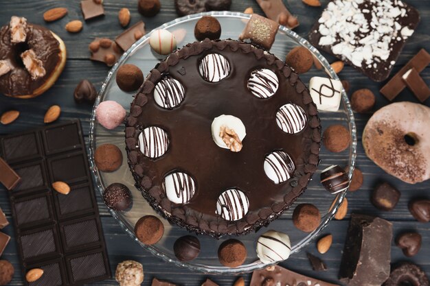 Top view chocolate cake with chocolate stuff