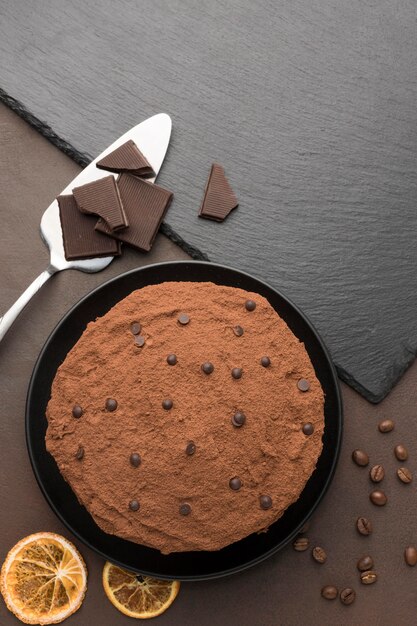 Top view of chocolate cake with cocoa powder and spatula