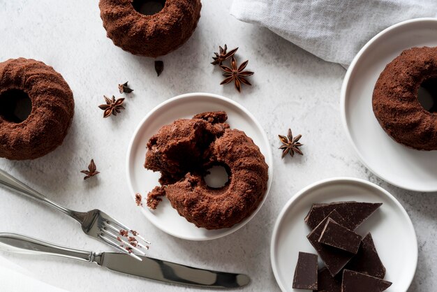 Top view chocolate cake with star anise and chocolate chunks