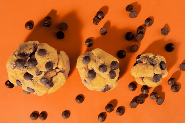 Top view chocolate chips cookie dough arrangement