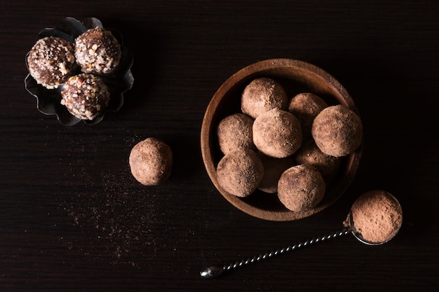 Top view chocolate truffles ready to be served