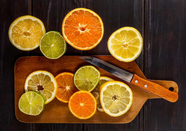 Top view of chopped citrus with knife