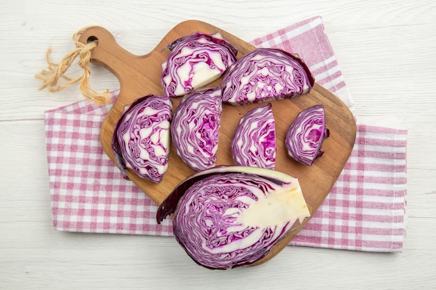 Top view chopped red cabbage on cutting board