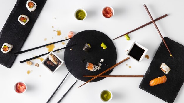 Top view over chopsticks with sushi