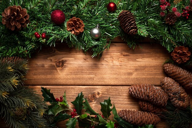Top view christmas decoration with wooden background