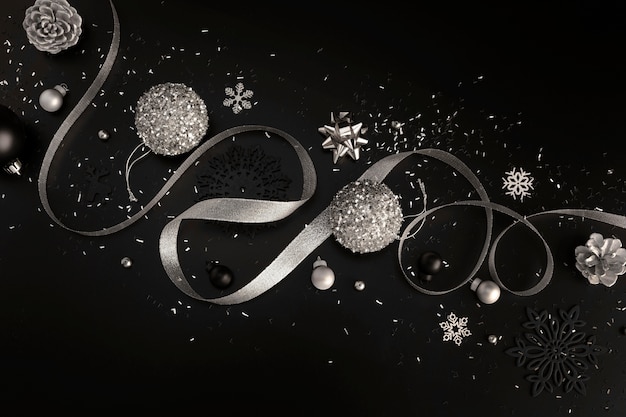 Foto gratuita vista dall'alto di decorazioni natalizie con nastro e glitter