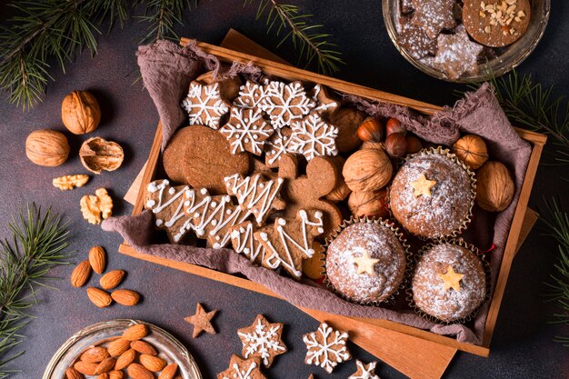 Top view of christmas desserts selection