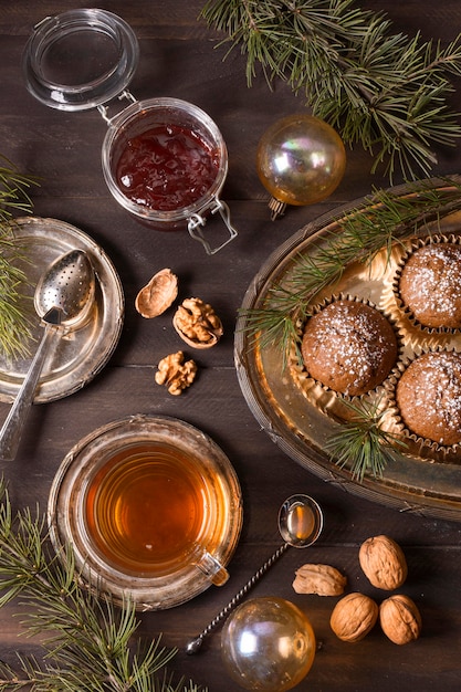 top view of christmas desserts with jam