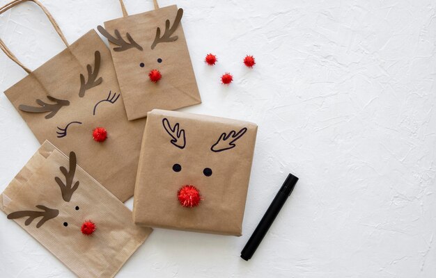 Top view of christmas gift and paper bags