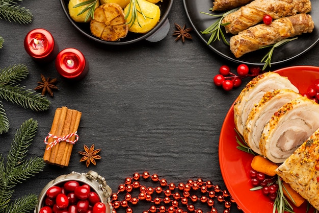 Top view christmas meal assortment with copy space