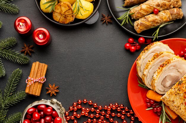 Top view christmas meal assortment with copy space