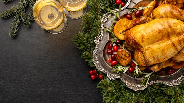 Free photo top view christmas meal composition with copy space