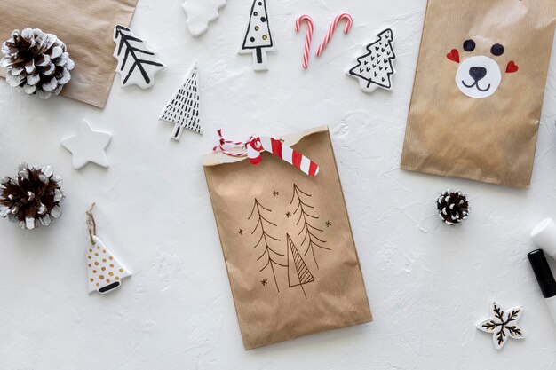 Top view of christmas paper bag with candy cane