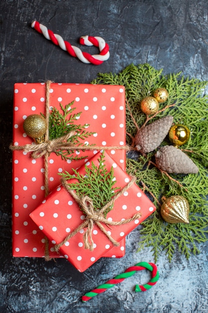 Top view christmas presents and decorations