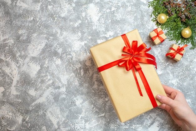 Top view christmas presents with red bows on white background