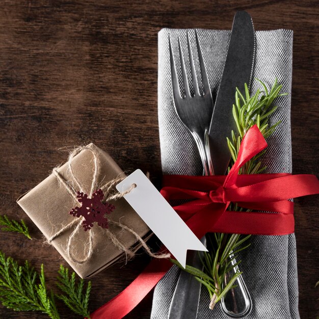 Top view christmas tableware arrangement