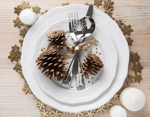 Top view christmas tableware on plate