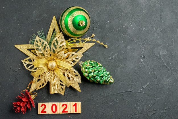 Top view christmas tree toys and number 2021, new year