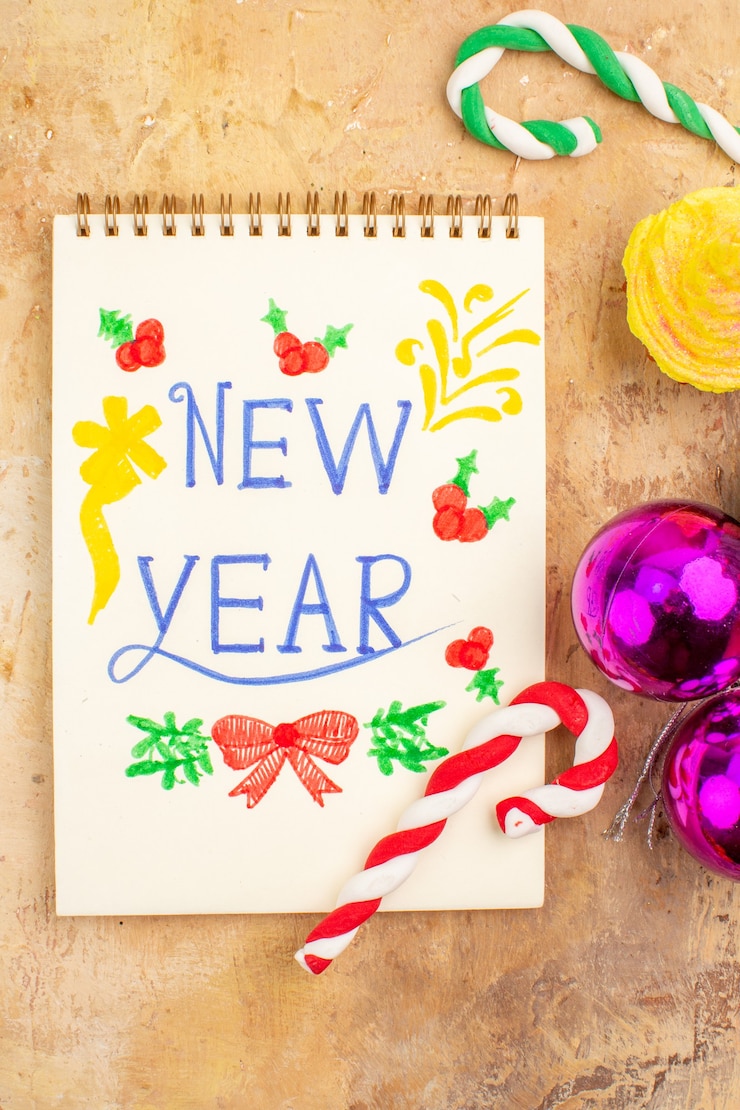 Free Photo top view christmas tree toys with creamy cakes and new year note