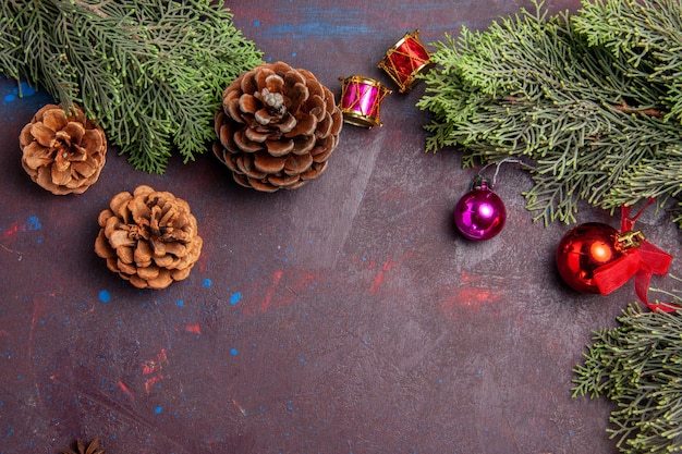 Top view christmas tree with cones on dark space