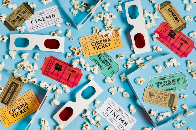 Top view cinema tickets and 3d glasses