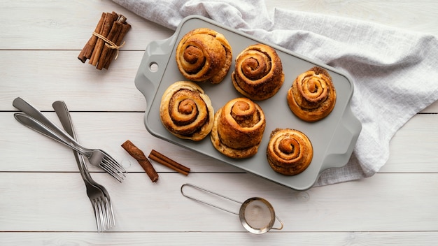 Top view cinnamon rolls arrangement