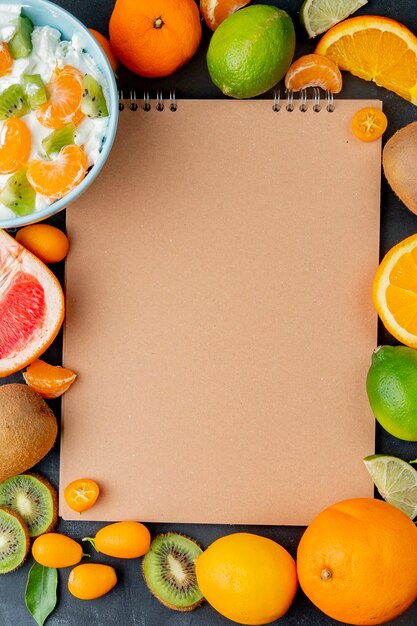 Top view of citrus fruits as lime lemon orange and others with copy space