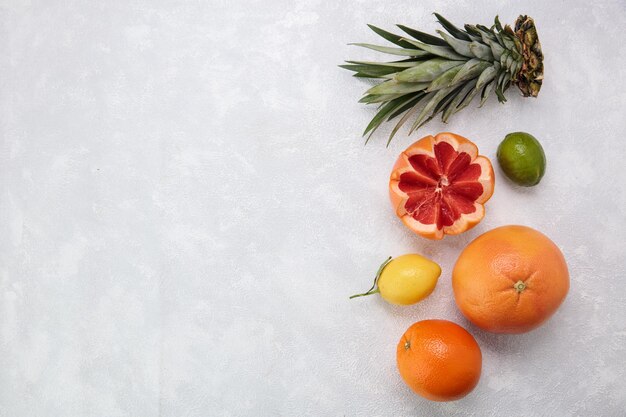 Вид сверху на цитрусовые в виде апельсина, лимона, мандарина, лайма, нарезанного грейпфрута с листьями ананаса на белом фоне с копировальным пространством