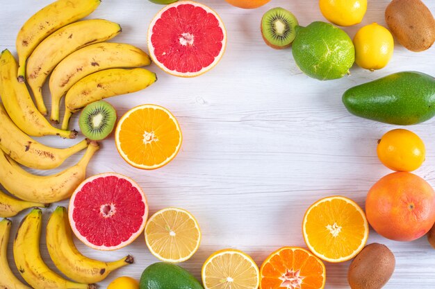 top view citrus fruits on  surface with copy space