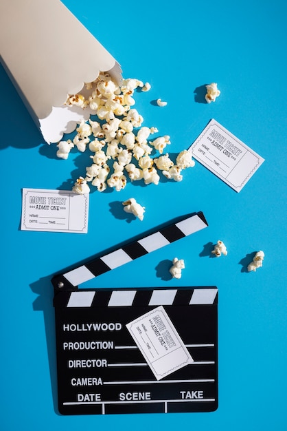 Top view clapper board and popcorn