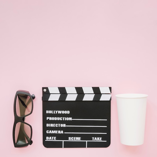 Top view clapperboard with 3d glasses