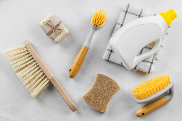 Top view of cleaning brushes and products