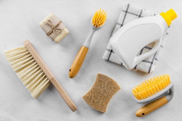 Top view of cleaning brushes and products