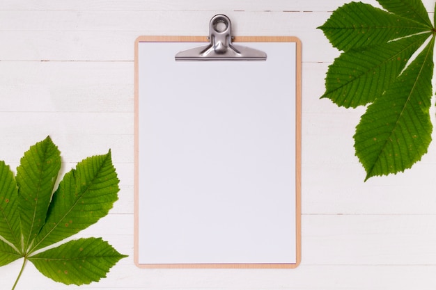 Top view clipboard mock-up with leaves