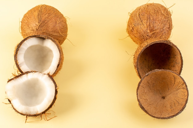 クリーム色に分離された皮の乳白色の新鮮なまろやかでスライスされた平面図ココナッツ